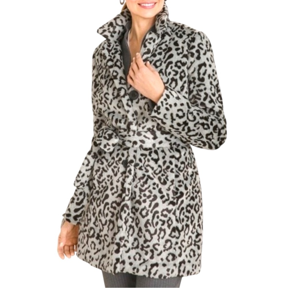 Chico’s Gray & Black Faux Fur Cheetah Animal Print Button Front Sash Lined Coat